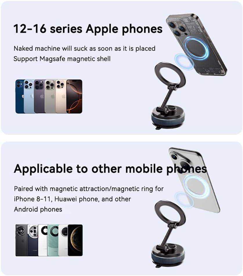 [Newly Upgraded] Metal Magnetic Car Phone Holder | Dual Insurance of Vacuum + Adhesive | 360° Rotation Without Dead Angle | Magnetic Ring Included‌(for iPhone & Android) (Gray+Clip)