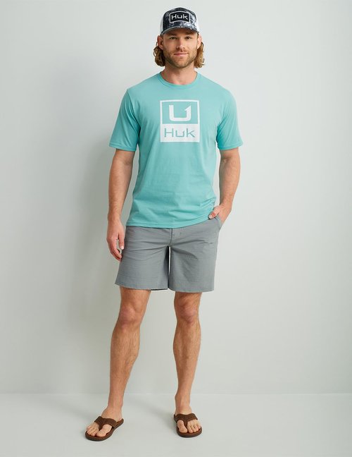 HUK Mens Short Sleeve Performance Tee, Fishing T-Shirt for Men, HUK Stacked Logo - Marine Blue, Small
