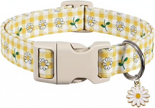 Cute Dog Collar, Yellow Plaid Dog Collar with White Floral Pattern, Spring Summer Design Floral Collar for Girls Boys Extra Small Dogs, Yellow Checkered Daisy, XS