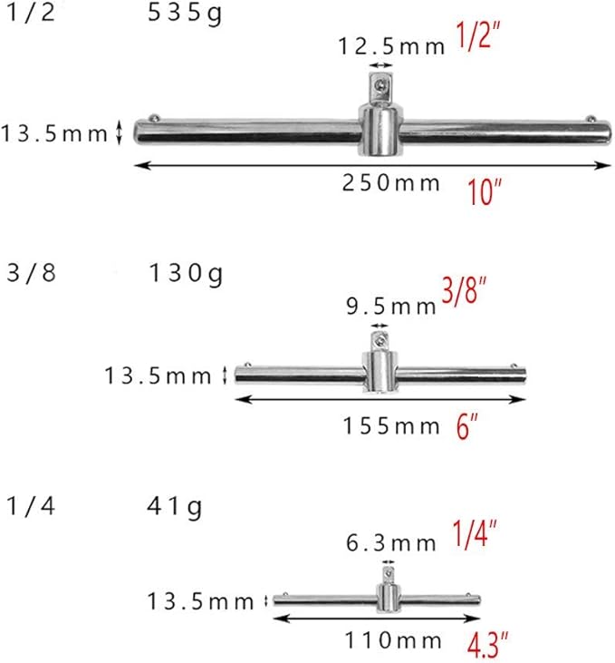 Chiloskit Slide Bar Spanner Extension,Crv Material 1/4" 3/8" 1/2" Slide Drive Socket Wrench Extension Sliding T Bar Auto Repair Tools Sleeve (1/4)