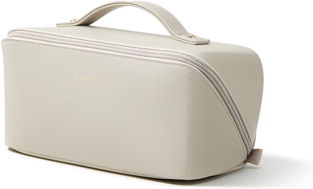 EACHY Travel Makeup Bag for Women, Flat Open Cosmetic Bag, Yellow, Large