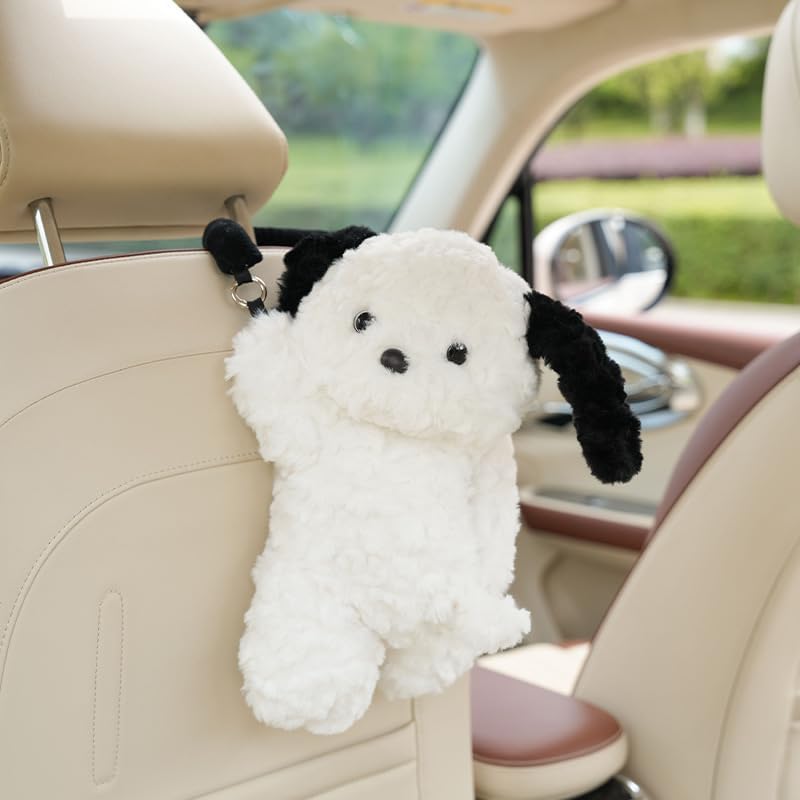 Plush Puppy Car Tissue Box Holder – Cute Crawling Dog Design, Hanging or Dashboard Use, Soft Style Organizer for Vehicle Interior (Panda)