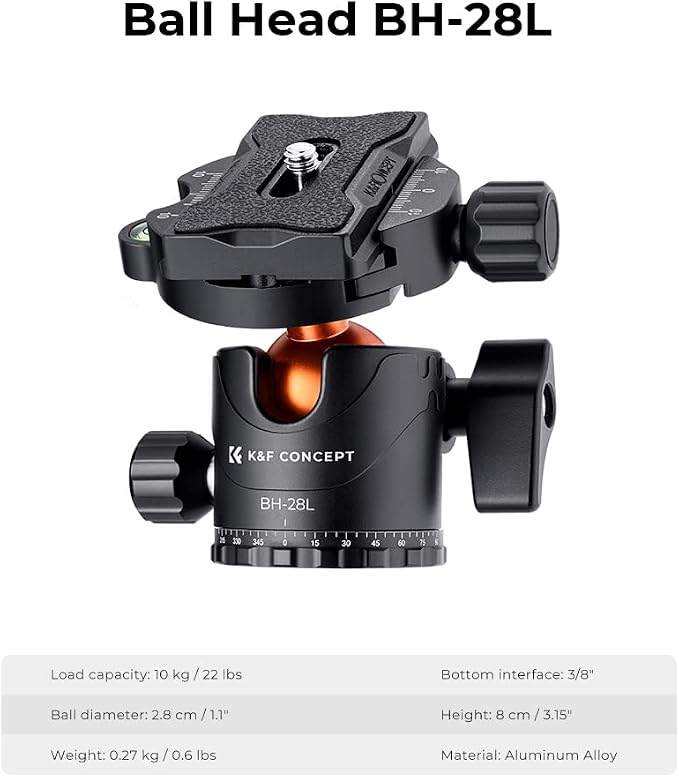 K&F CONCEPT 73 inch /186cm Camera Tripod, Transverse Center Column Aluminium