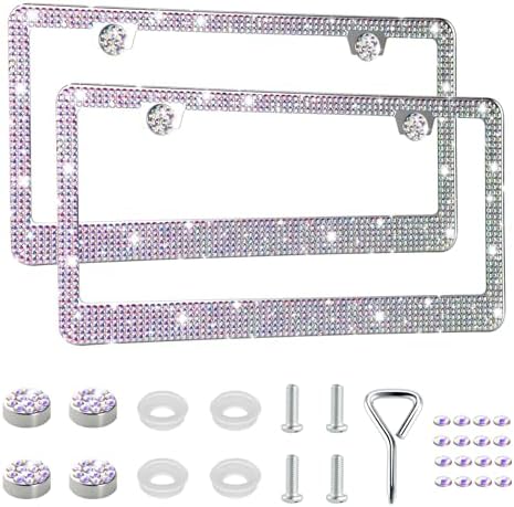 GaRhomxy Bling License Plate Frames for Women, 2 Pack Handcrafted Sparkly Rhinestone Car Accessories, Premium Stainless Steel Frame with 1000+ Faceted Glass Crystals & Free Glitter Caps (Colorful)