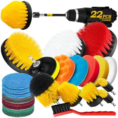 Holikme 22Pack Drill Brush Attachments Set,Scrub Pads & Sponge, Buffing Pads,Power Scrubber Brush,Car Polishing Pad Kit,Wax Applicator Pad,Car Cleaning Kit,Masonry Brushes,Cleaning Supplies