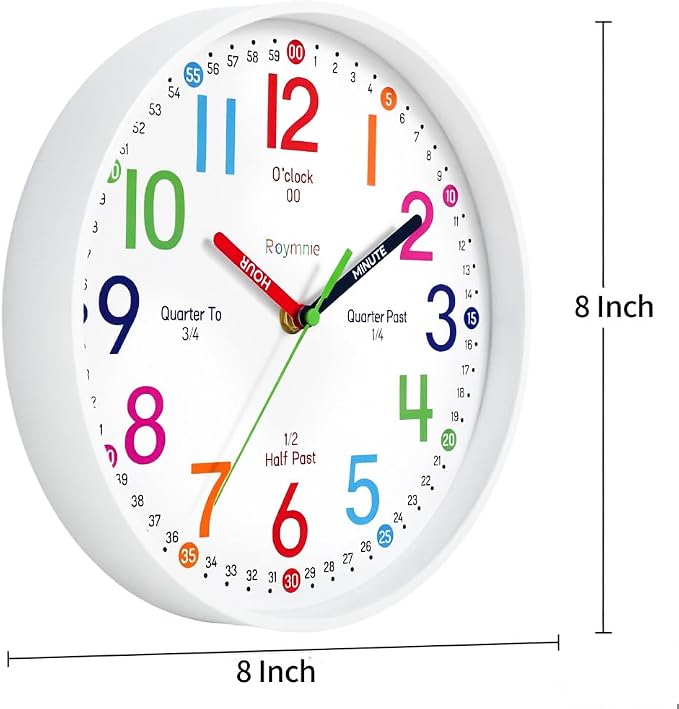 Roymnie Wall Clock 8 Inch for Kids Learning to Tell Time Easily Non Ticking