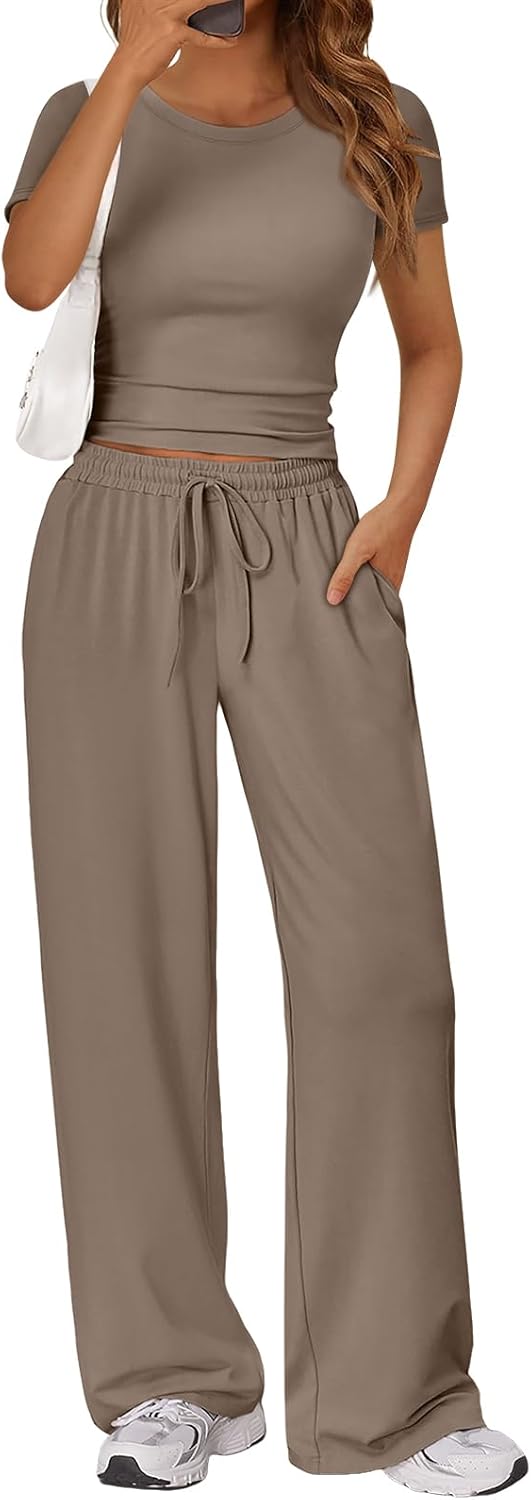 Trendy Queen 2-Piece Matching Summer Lounge Set - Women's Side Ruching Top & Wide Leg Pants with Pockets
