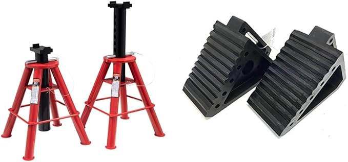 Sunex 1310 10-Ton Medium Height Pin Type Jack Stands, Pair & MAXXHAUL 70472 Solid Rubber Heavy Duty Black Wheel Chock 2-Pack, 8" x 4" x 6"