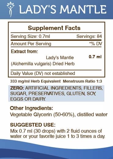 Secrets of the Tribe Lady's Mantle Tincture Alcohol-Free Liquid Extract, Lady's Mantle (Alchemilla vulgaris) Dried Herb (2 FL OZ)