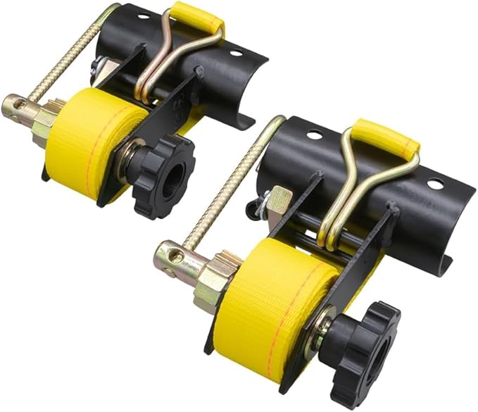 Mytee Products 4 Pack 1-1/2"x7' Yellow Ladder Rack Ratchet Straps with J-Hook (Pair) - 500 lbs 2" Black Round Tube Mount - Retractable Ratchet Tie Down Strap for Roof Rack