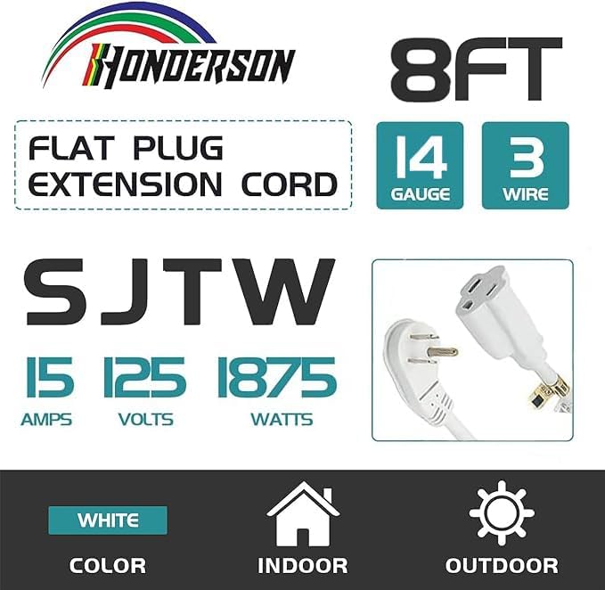 Flat Plug Indoor Extension Cord, UL Certified, 14 Gauge 8FT White 3 Prong Heavy Duty, 14/3 SJTW 15A Power Cord for Lights, Appliances, Home