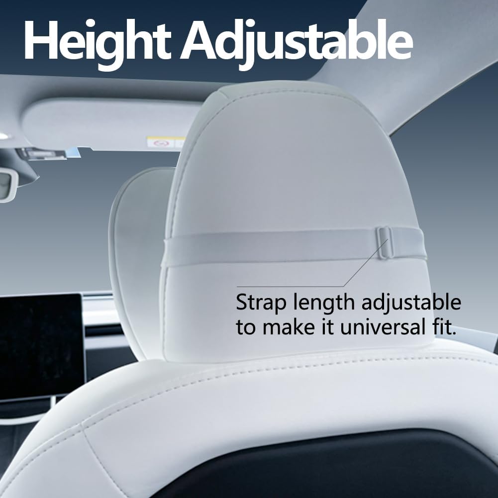 TESBEAUTY Nappa Leather Car Headrest Neck Pillow for Tesla Model X/S/Y/3 – Genuine Nappa Leather, Visible Strap, White (2-Pack)