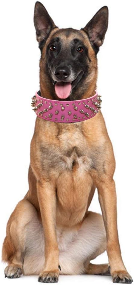 Serijoars Spiked Studded Dog Collar, PU Leather Dog Collar, Adjustable Pet Collars for Medium or Large Breed Pet (M, Hot Pink)