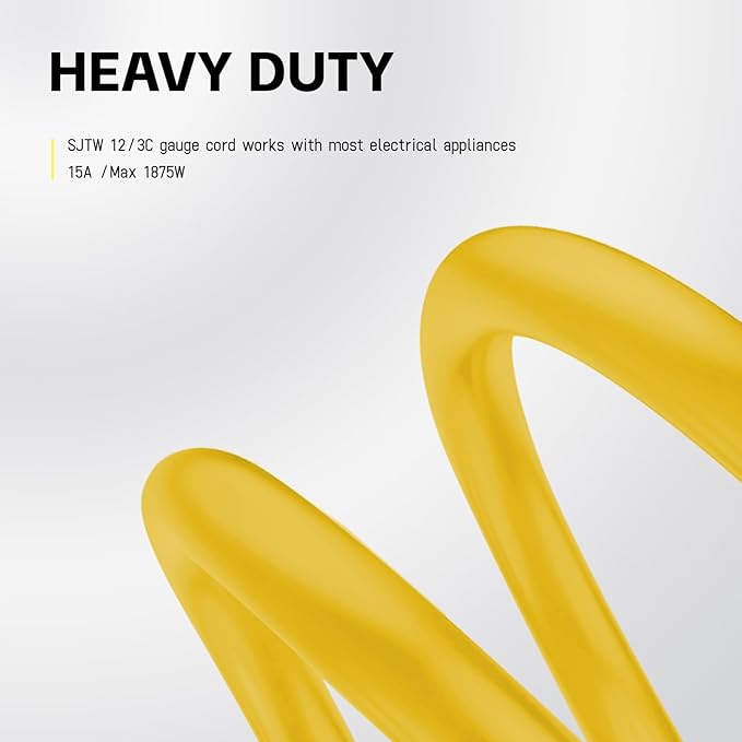 EP 15 ft Lighted Outdoor Extension Cord - 12/3 SJTW Heavy Duty Yellow Extension Cable with 3 Prong Grounded Plug - 15AMP Power Cord for Lawn, Garden, Appliances