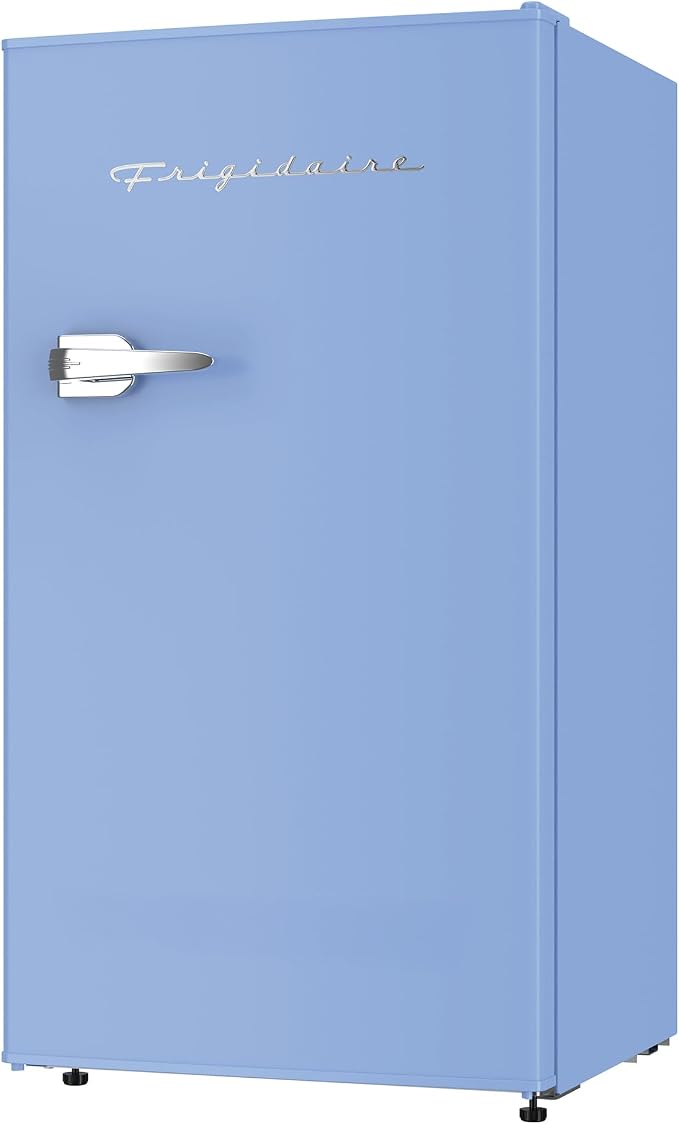 Frigidaire Retro Compact Fridge with Chiller, 3.2 cu ft Countertop Fridge with Built-In Bottle Opener, Compact Refrigerator for Office, Bedroom, Dorm Room or Cabin - 16.5" D x 19" W x 31" H (Blue)