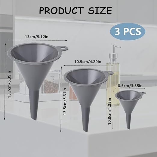 Plastic Kitchen Funnel Set of 3, Round Kitchen Funnels for Filling Bottles, Multifunctional Small Medium and Large Sizes for Canning, Lab or Car Oil Use (Gray)