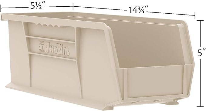 Akro-Mils 30234 AkroBins Plastic Storage Bins, Space-Saving Stackable Bins for Garage, Pantry, Craft Organization, 15" x 5" x 5", Stone, 12-Pack