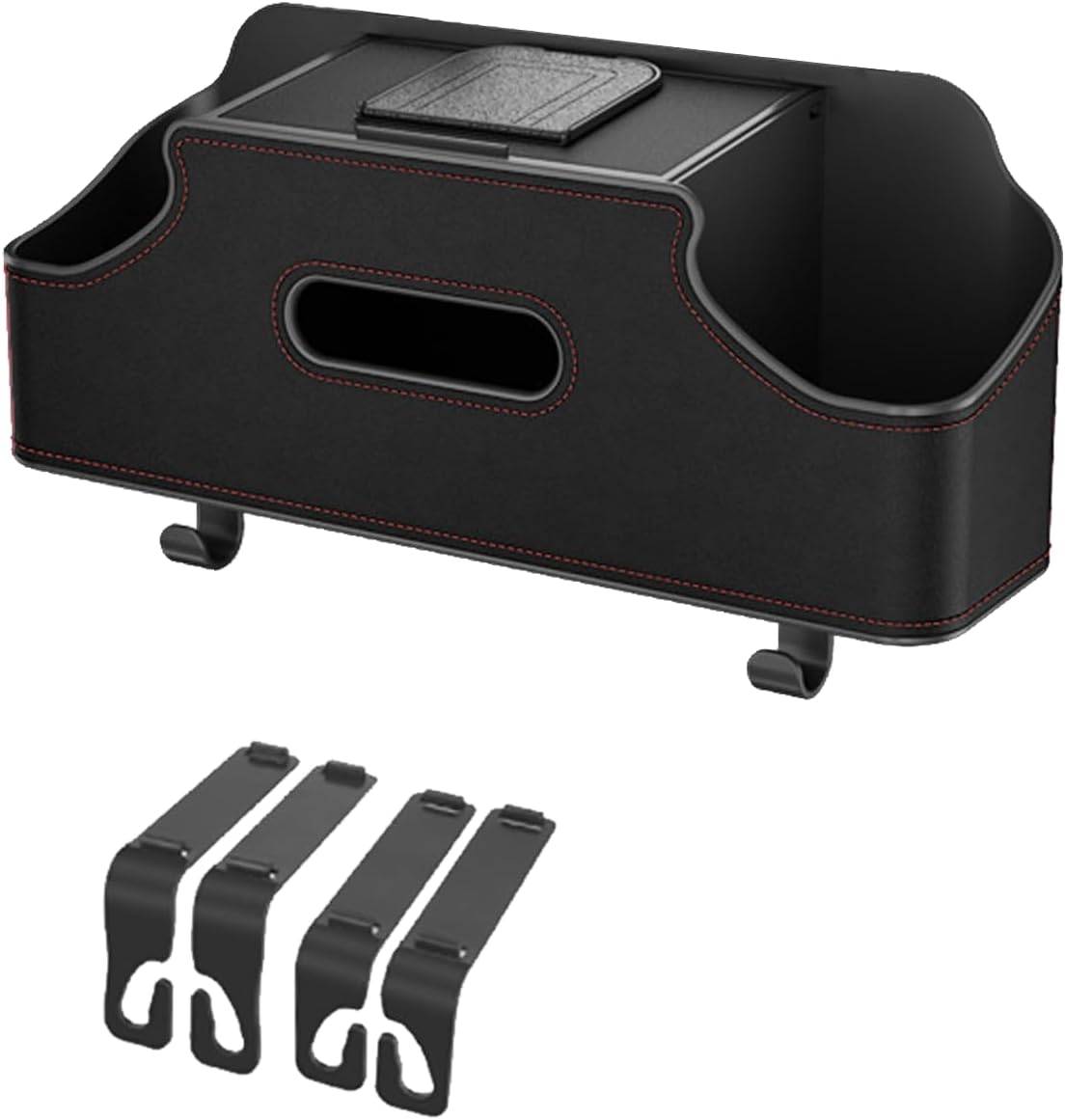 Car Seat Back Organizer, 3-in-1 Vehicle Backseat Storage Box with Cup Holder Tissue Box Trash Bin & Hooks, Multifunctional Auto Interior Headrest Organizer, Universal for SUV RV Truck (Black)