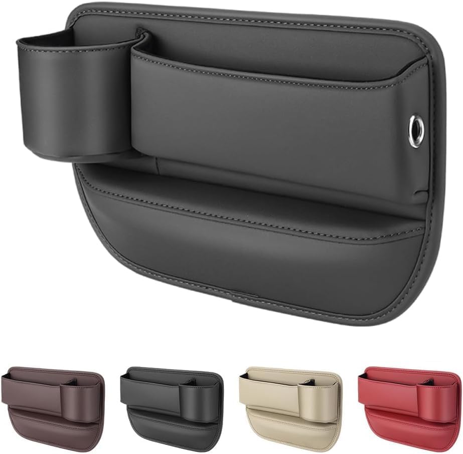 Car Leather Cup Holder Gap Bag,2026 Upgrade Car Storage Box with Cup Holder,Seat Storage Box Gap Filler Organizer for Glasses Phone Keys and Cards (Black, Driver's Seat)
