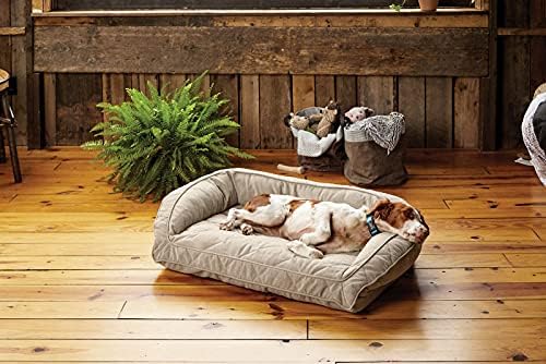 Orvis ComfortFill-Eco Bolster Dog Bed - Plush Rectangular Dog Beds with Three-Sided Bolster for Leaning, Heathered Khaki - L