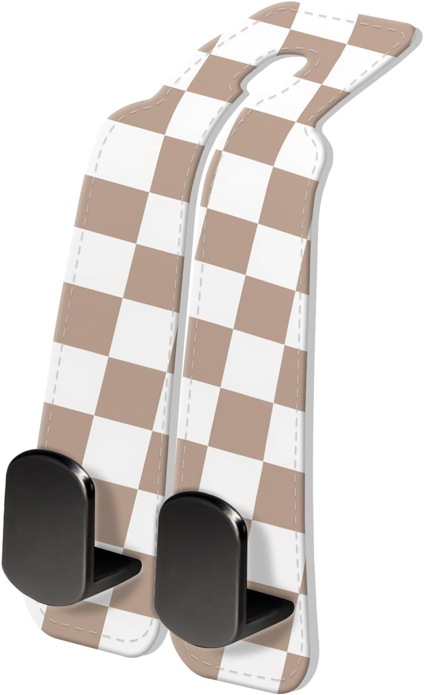 PU Leather Car Seat Hook, Storage Headrest Hanger, Cute Car Backseat Organizer, Car Hooks For Purses and Bags, Beige Checker