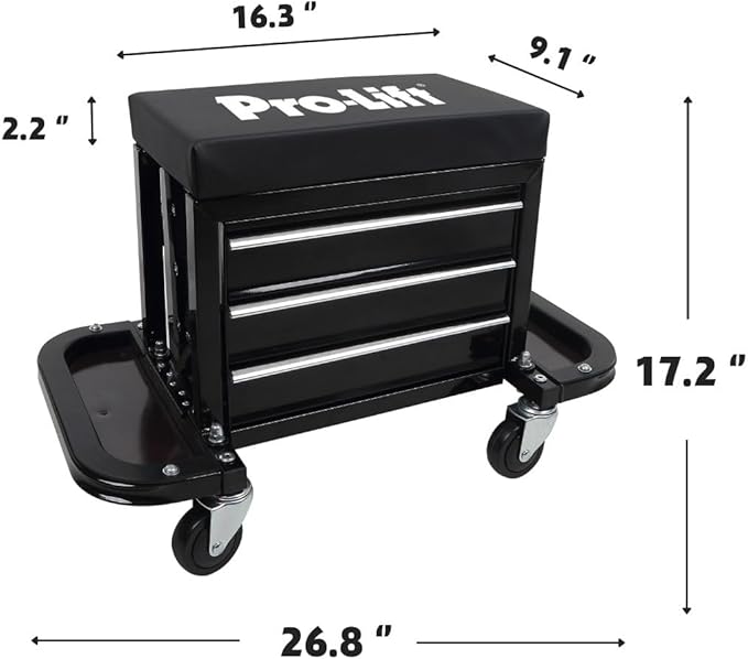 Pro-Lift Mechanic Roller Seat with Tool Box - 3-Drawer Rolling Tool Chest Stool with Padded Seat Cushion for Garage Creeper – 400 Lbs Capacity