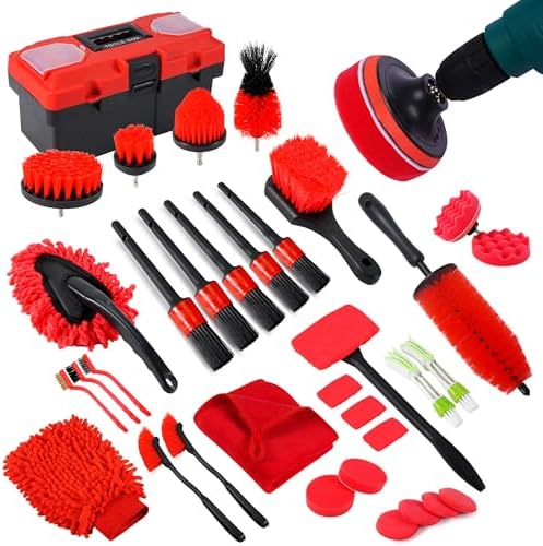 35Pcs Car Detailing Kit & Car Cleaning Kit, B：35PCS-R | Windshield Tool, Long Wheel Brush & 2 Angled Brushes, 4 Polishing Pads & 4 Wax Pads, Red Tool Box, Gift for Men