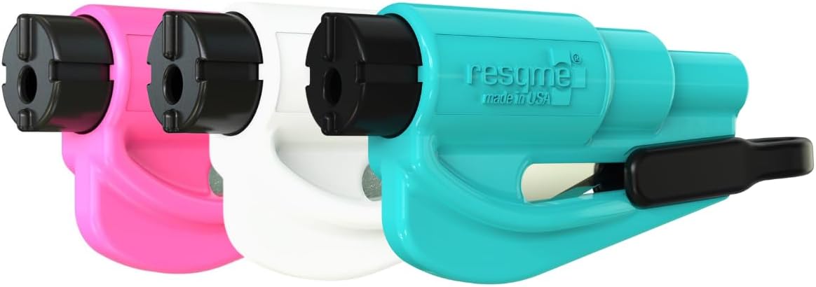 resqme The Original Emergency Keychain Car Escape Tool, 2-in-1 Seatbelt Cutter and Window Breaker, Made in USA, Family Pack of 3, Pink, White, Teal - Compact Emergency Hammer