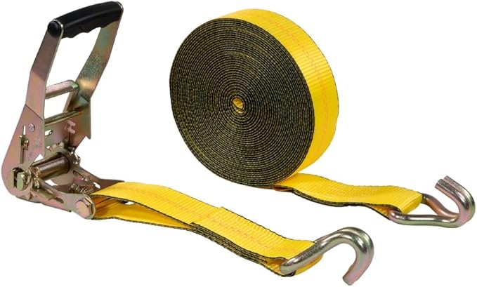 Mytee Products 2" x40' Yellow Ratchet Strap with J Hooks - 10,000 Lbs Breaking Strength - Heavy Duty Tie Down Cargo Truck Straps with Wire Hooks for Flatbed, Truck, Trailers Pickup