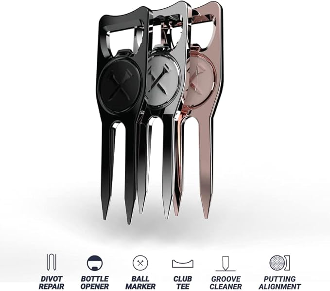 Blue Tees Golf 6-in-1 Premium Divot Tool & Ball Marker - Bottle Opener - Club Tee - Groove Cleaner - Putting Alignment - Designed to Be the Ultimate Tool for the Green - Black
