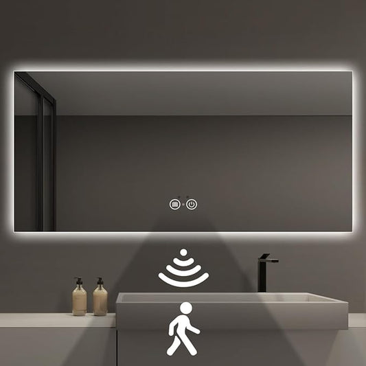 56 x 36 LED Bathroom Vanity Mirror, 3 Colors Four-Side Backlit Mirror Bathroom with Motion Sensor, Stepless Dimmable Wall Mirror with Lights, Anti-Fog, Rectangular, UL-Listed