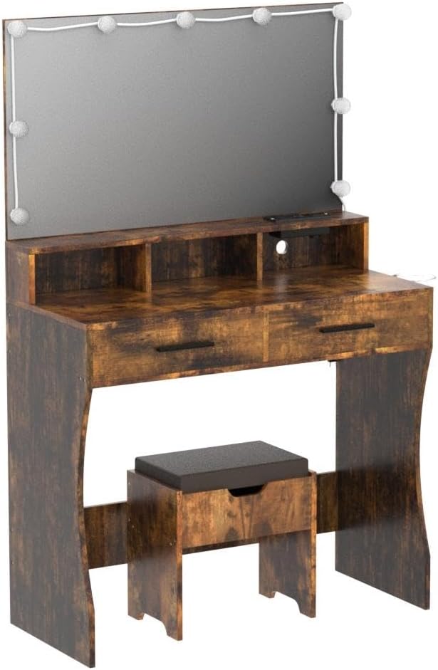 Makeup Vanity with Lighted Mirror & Power Outlet, Makeup Table Vanity Set with 3 Lighting Colors, Brightness Adjustable, Brown