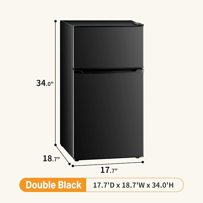 Mini Fridge with Freezer, 3.2 Cu.Ft Mini Refrigerator, Small Beverage Fridges with Adjustable Thermostat, for Bedroom, Office, Dorm, Dual Door, Quiet & Energy Saving, Black