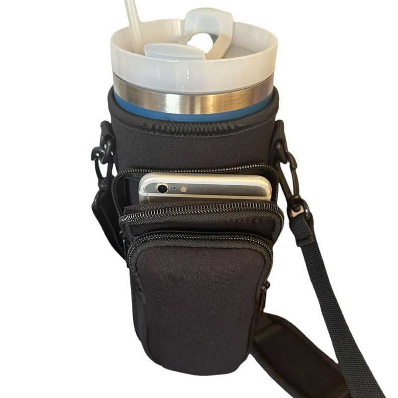 Water Bottle Carrier Bag with Phone Pocket for Stanley, Strap for Stanley Accessories 40 oz, Stanley Cup Accessories Total 3 Pockets, Stanley Cup Bag (Black Bottle Accessories)
