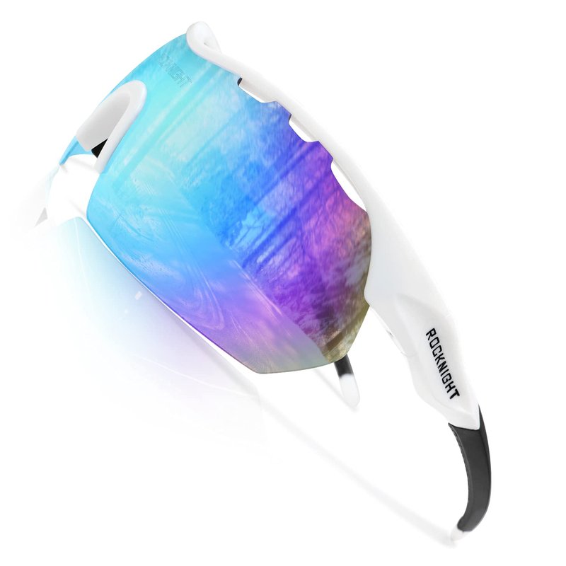 ROCKNIGHT HD Polarized Sports Sunglasses Cycling Driving Baseball Outdoor Ultralight TR90 Frame Big Lens (White Frame/Blue Revo Lens)