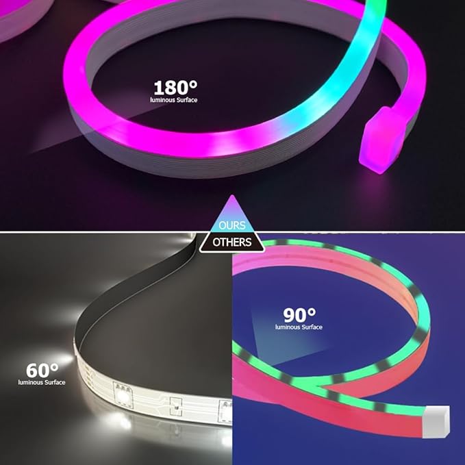 16.4ft LED Neon Rope Lights, RGB Plus IC Neon Strip Lights, IP68 Waterproof Dimmable Rope Light with APP Remote Control for Gaming Room Living Room Bedroom Indoor/Outdoor Decor