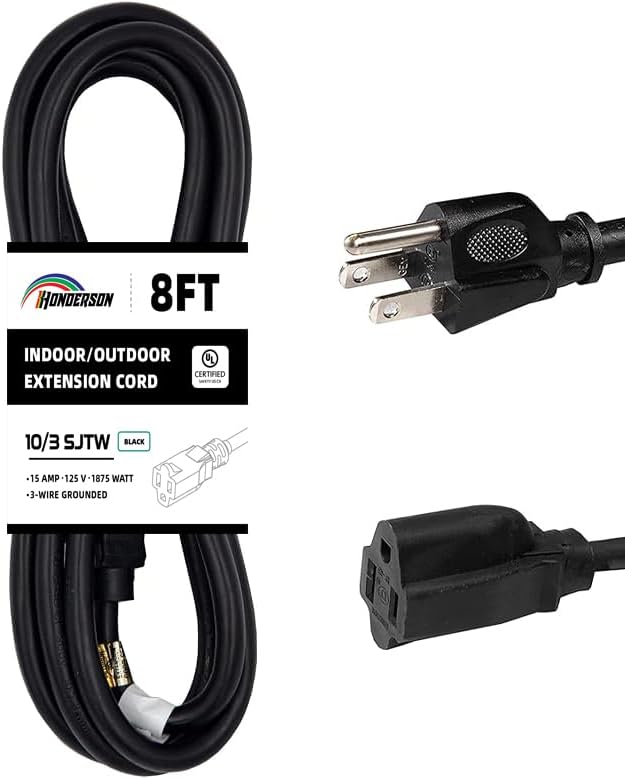 Indoor Outdoor Extension Cord Weatherproof, UL Certified, 10 Gauge 8FT Black 3 Prong Heavy Duty, 10/3 SJTW 15A Power Cord for Outdoor Lights, Appliances, Lawn