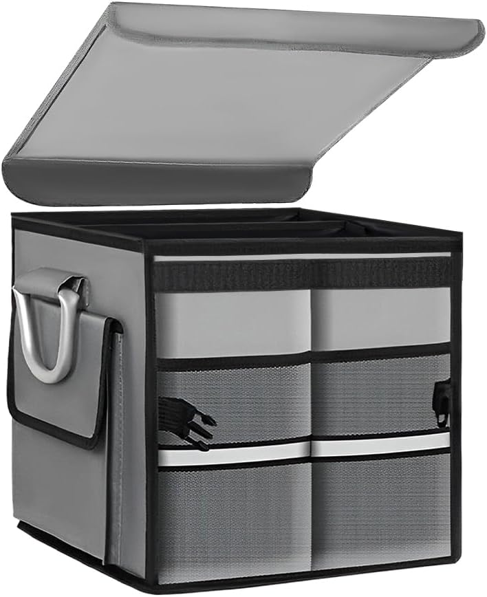 Car Trunk Organizer With Lid, 28L Collapsible Waterproof Oxford Fabric Trunk Organizer with Aluminum Handle, Portable 2-Compartment Cargo Storage Box for SUV, Truck, Sedan (Gray)