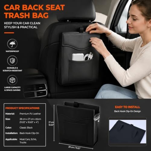 Car Trash Can, Magnetic Leather Seat Back Organizer with Storage Pocket,