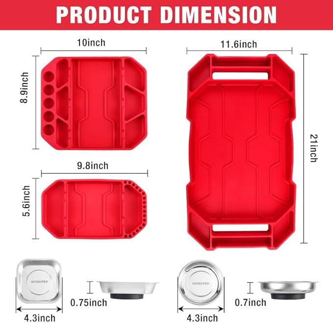 WORKPRO 5-Piece Non-Slip Tool Tray Set, 3-Piece Silicone Flexible Tools Organizers and 2-Piece Magnetic Parts Tool Tray, Tool Mat, Tool Holder, Tool Storage (Only Parts Tray Magnetic)