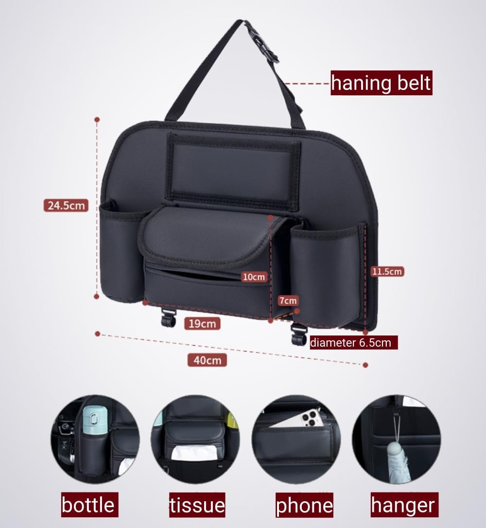 Car Seat Back Organizer PU Leather Storage Bag with Tissue Holder Pocket