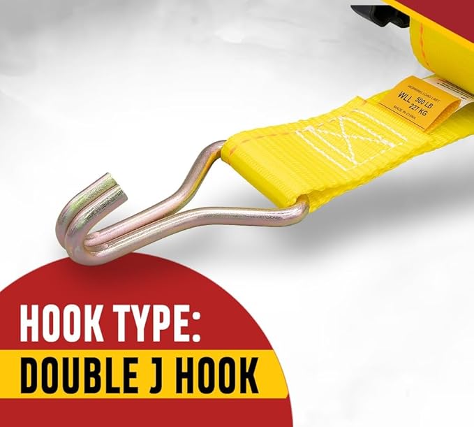 Mytee Products 2 Pack 1-1/2"x7' Yellow Ladder Rack Ratchet Straps with J-Hook (Pair) - 500 lbs 2" Black Round Tube Mount - Retractable Ratchet Tie Down Strap for Roof Rack