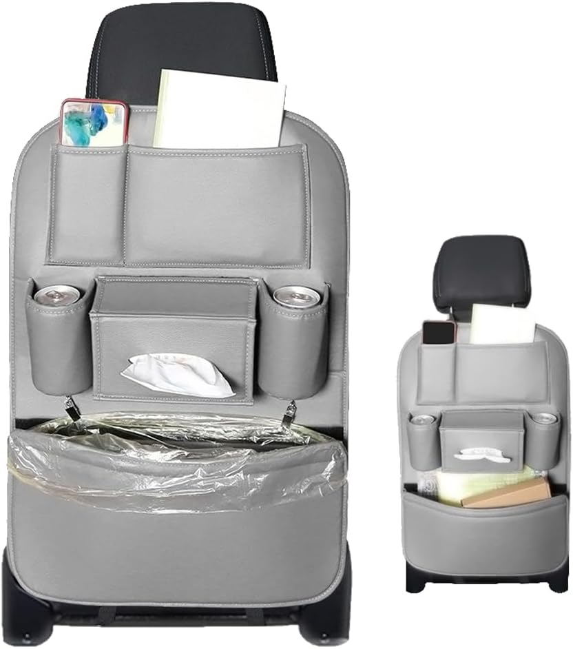 1PCS Car Backseat Organizer Seat Back Protectors Kick Mats, PU Leather Car Storage Organizer Hanging Bag with Car Tissue Holder Kids Toys Storage Car Accessories (Beige)