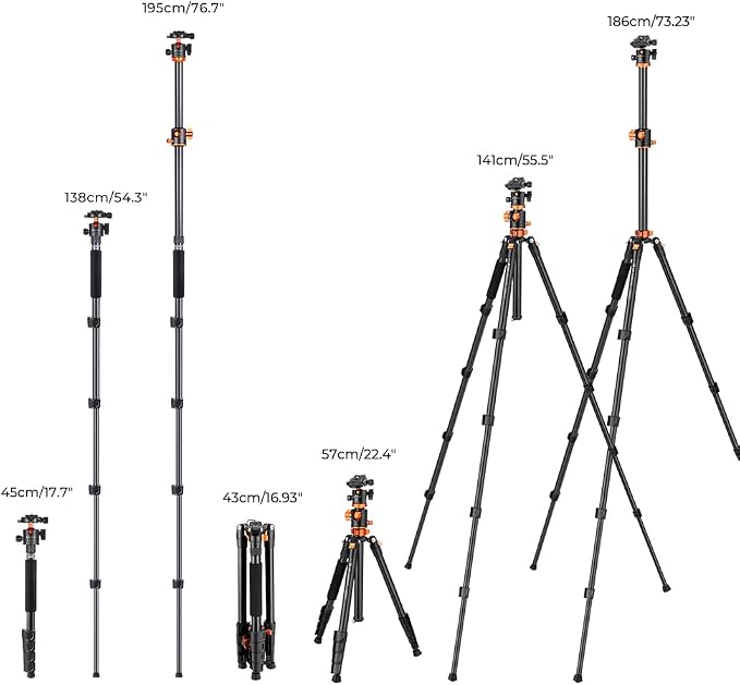 K&F CONCEPT 73 inch /186cm Camera Tripod, Transverse Center Column Aluminium