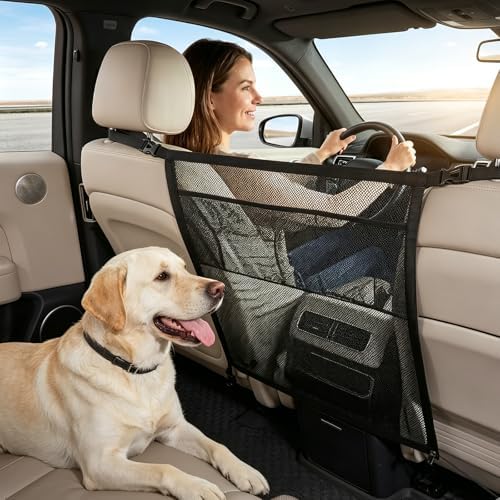 Dog Car Barrier for Backseat Safety, Dog Gate for Car with Mesh Storage Pocket, Pet Net Divider for Car SUV Truck, Car Divider for Dogs, Durable Scratch-Resistant Net, Universal Fit Easy Install