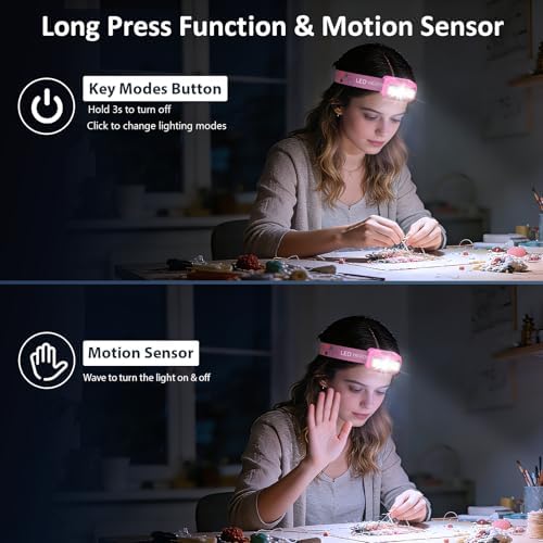 LHKNL Headlamp Rechargeable, Lumen Super Bright Motion Sensor Head Lamp Flashlight,2-Pack Waterproof LED Headlight with White Red Light,8 Modes Head Lights for Camping Cycling Running Fishing-Pink