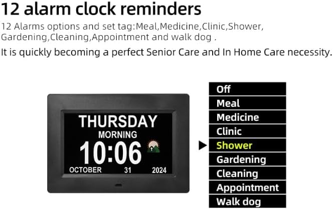Dementia clock with time, 12 sets of alarms paired with 20 usage scenarios