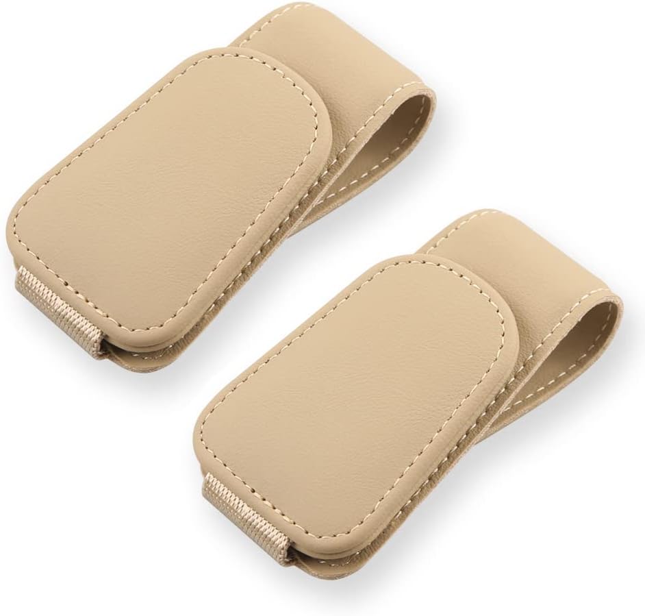 2Pcs Sunglass Holder for Car, Magnetic Leather Eyeglass Hanger Clip for Car Sun Visor, Sunglasses Holder and Ticket Card Clip for Car Visor Accessories (Beige)