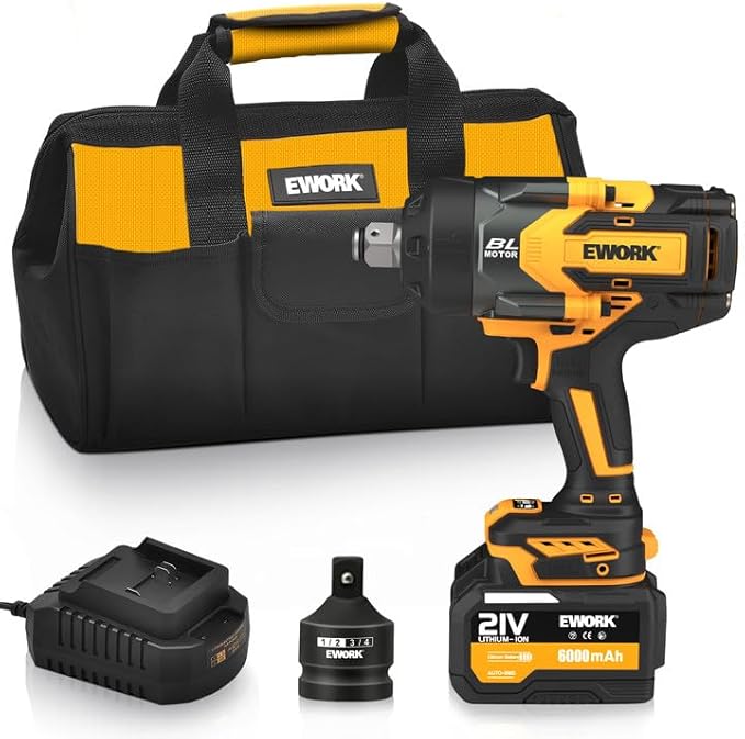 EWORK 3/4 Cordless Impact Wrench 21V Heavy Duty Max 1500 Ft-lbs, Brushless Motor, High Torque Impact Gun with 6.0Ah Li-ion Battery and Charger & 3/4" to 1/2 Inch Socket Adapter, Tool Bag