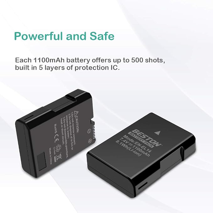 BESTON 2-Pack EN-EL14 / EN-EL14a Battery Packs and Rapid USB Charger Compatible
